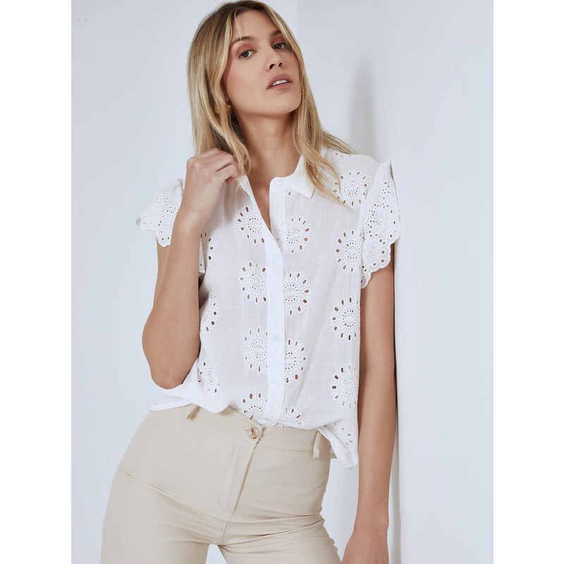 Celestino Βαμβακερό κεντητό διάτρητο πουκάμισο λευκο για Γυναίκα