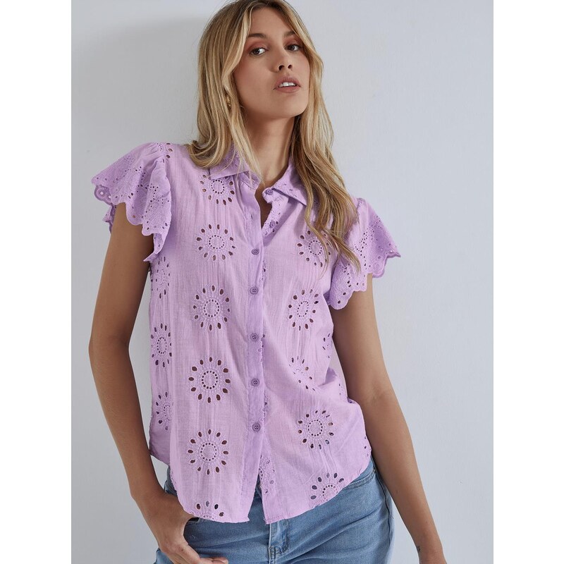 Celestino Βαμβακερό κεντητό διάτρητο πουκάμισο μωβ για Γυναίκα