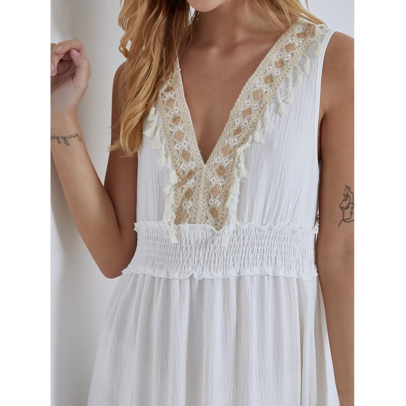 Celestino Φόρεμα με κεντητές λεπτομέρειες και φούντες λευκο για Γυναίκα