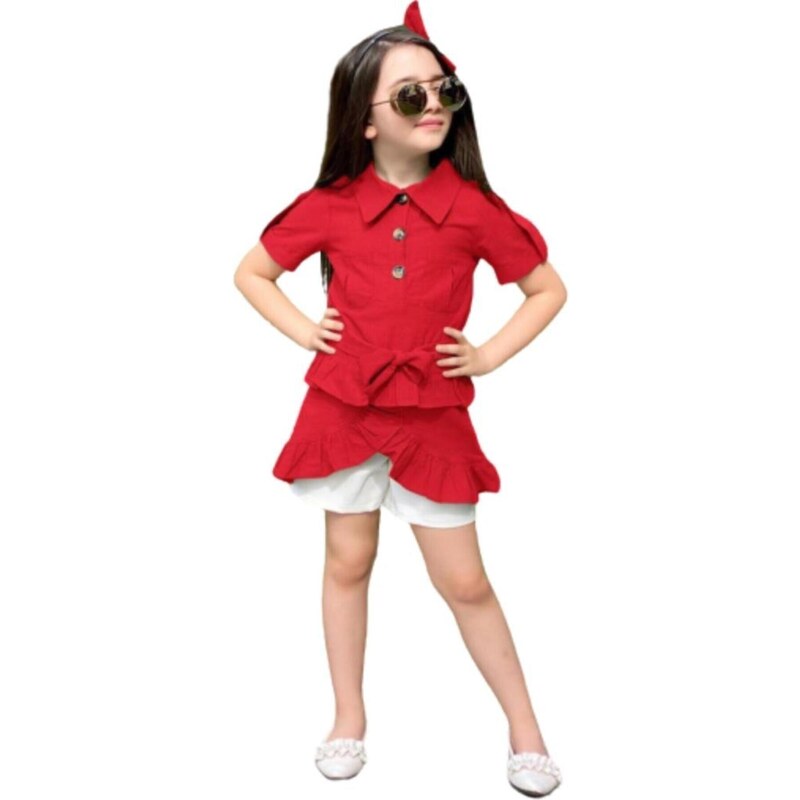 Riccotarz Κοριτσίστικο ζωσμένο κόκκινο φόρεμα με λεπτομέρεια με κουμπιά και φούστα με βολάν