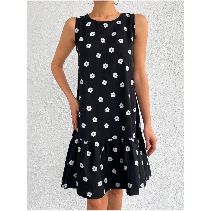 armonika Women's Black Daisy Pattern Sleeveless Frilly Skirt Dress