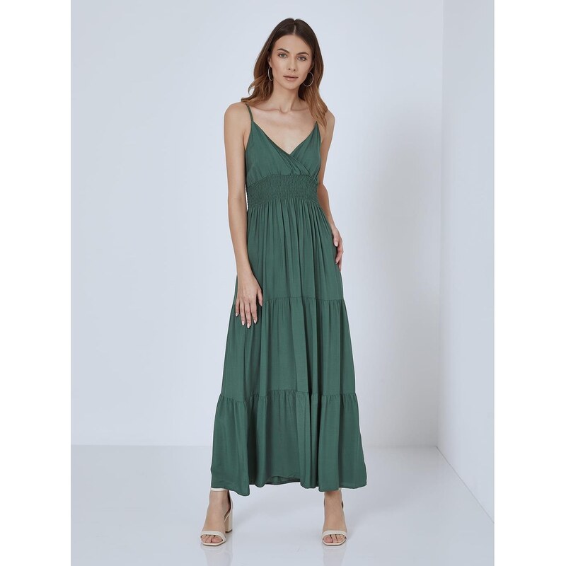 Celestino Βαμβακερό maxi φόρεμα με σφηκοφωλιά πρασινο σκουρο για Γυναίκα