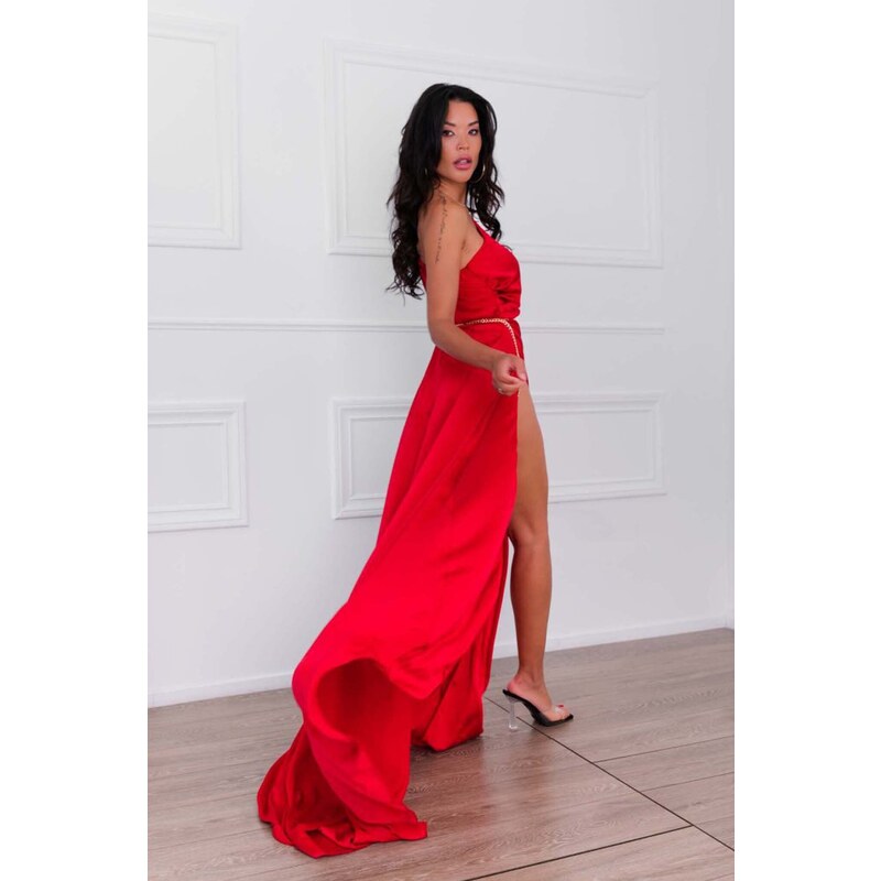 Joy Fashion House Zenna μακρύ φόρεμα με όψη σατέν κόκκινο