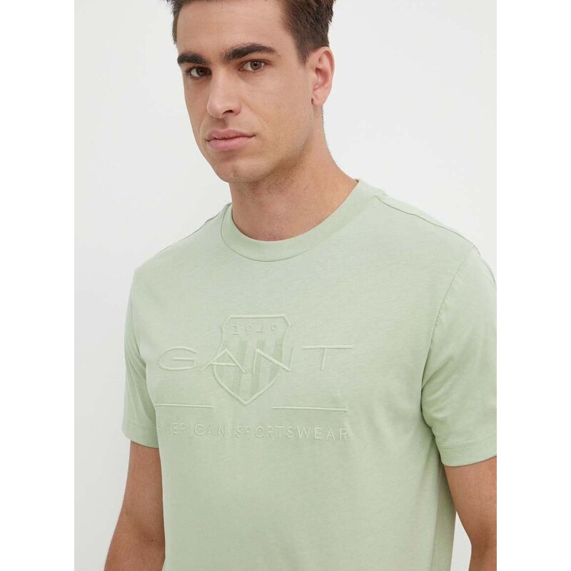 Βαμβακερό μπλουζάκι Gant ανδρικά, χρώμα: πράσινο