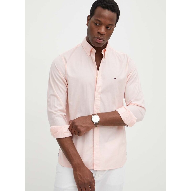 Βαμβακερό πουκάμισο Tommy Hilfiger ανδρικό, χρώμα: ροζ