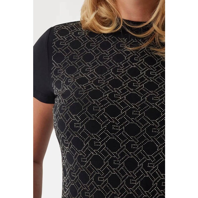 GUESS T-Shirt Ss Mock Neck All Over Logo W5RI15J1314 jblk jet black a996