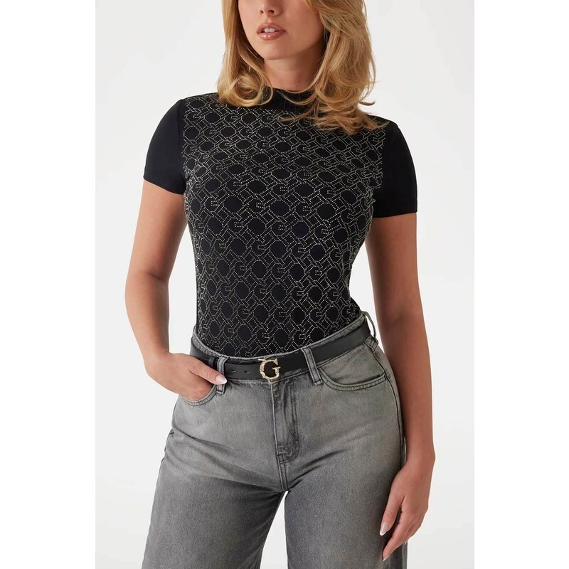 GUESS T-Shirt Ss Mock Neck All Over Logo W5RI15J1314 jblk jet black a996