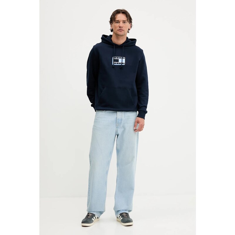 Βαμβακερή μπλούζα Tommy Jeans χρώμα: ναυτικό μπλε, με κουκούλα, DM0DM21623