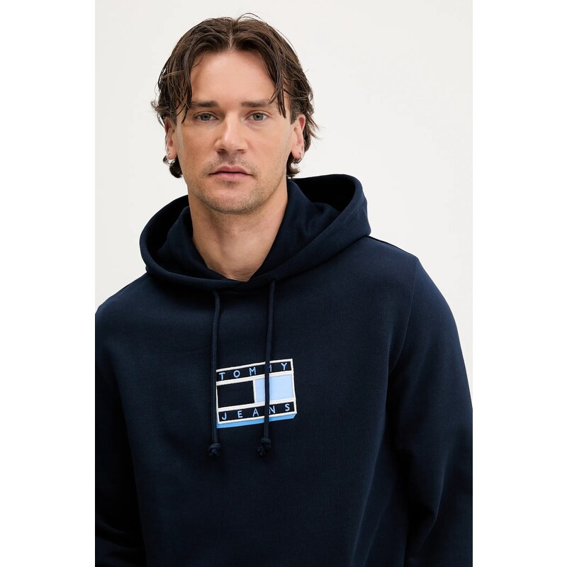 Βαμβακερή μπλούζα Tommy Jeans χρώμα: ναυτικό μπλε, με κουκούλα, DM0DM21623