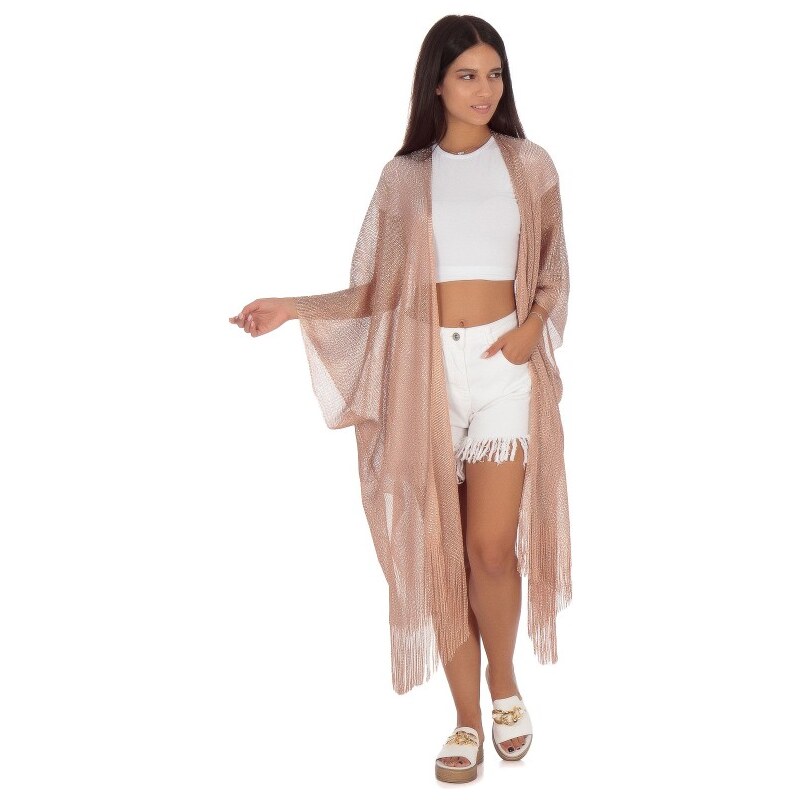 Silia D Bronze Midi Καφτάνι με Μεταλλική Πλέξη και Κρόσσια