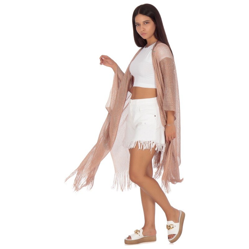 Silia D Bronze Midi Καφτάνι με Μεταλλική Πλέξη και Κρόσσια