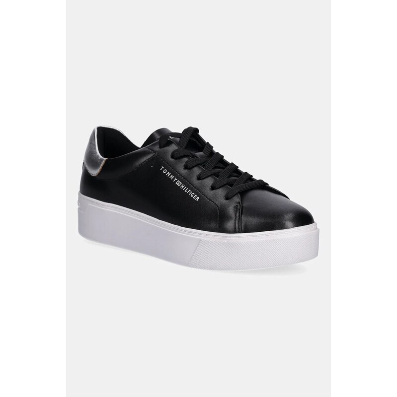 Δερμάτινα αθλητικά παπούτσια Tommy Hilfiger ESSENTIAL PLATFORM COURT SNEAKER χρώμα: μαύρο, FW0FW08756