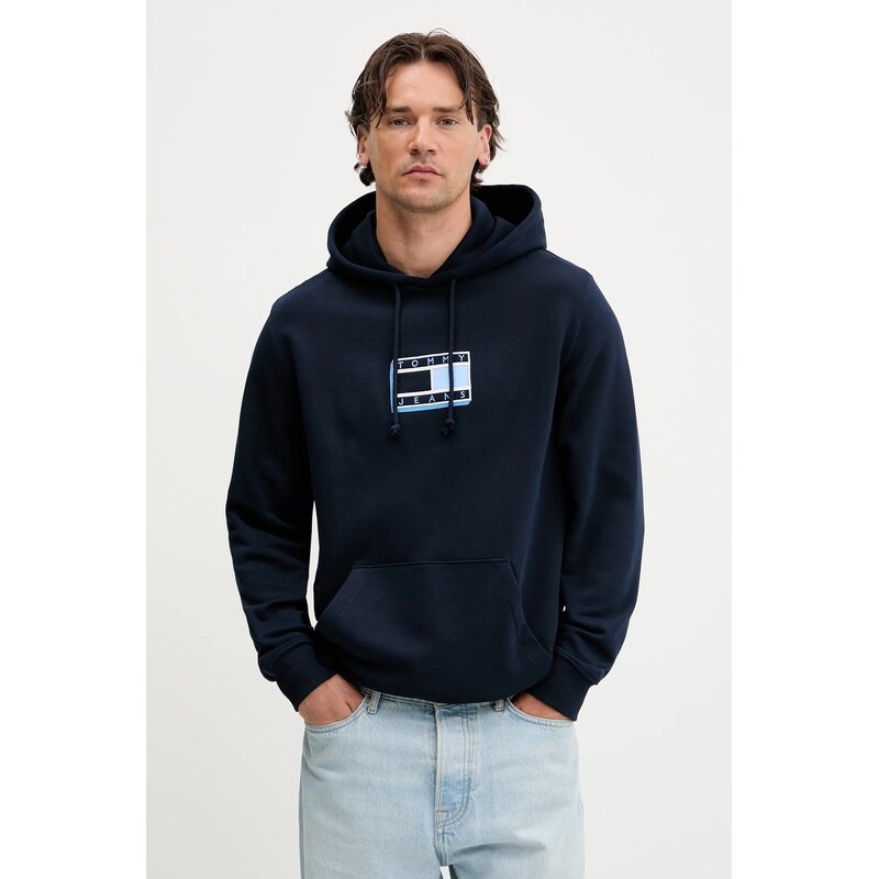 Βαμβακερή μπλούζα Tommy Jeans χρώμα: ναυτικό μπλε, με κουκούλα, DM0DM21623