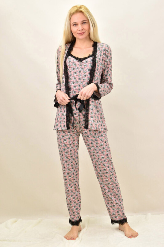 Potre Γυναικεία πιτζάμα σετ 3 τεμ φλοράλ με ζώνη