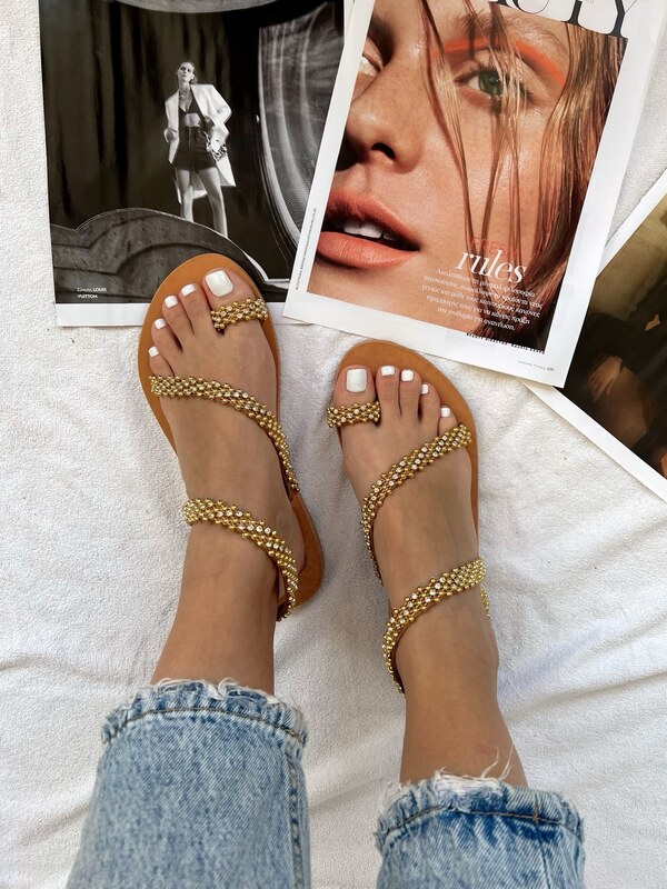 Χρυσά Δερμάτινα Σανδάλια Πέρλες και Στρας– Χειροποίητα Καλοκαιρινά | Christina Christi