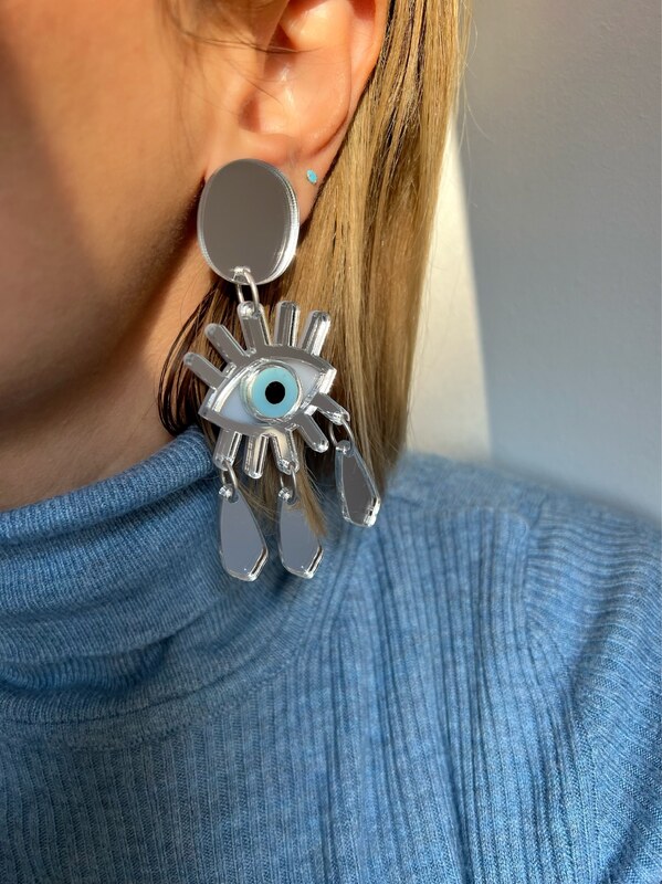 Christina Christi Ασημί Μακριά Σκουλαρίκια Μάτια με Κλιπ