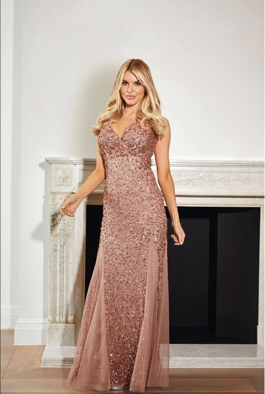 green emerald velvet dress High Life Rose Gold Sequin Square Neck Split Front Maxi Dress – Club L  London main image 0
