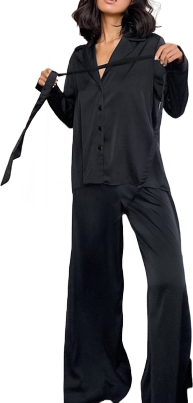 La Lolita Amsterdam ROMINA Σατέν υφής σετ πιτζάμες με πουκαμίσα με δέσιμο στα μανίκια & παντελόνα με ανοίγματα στο πλάι