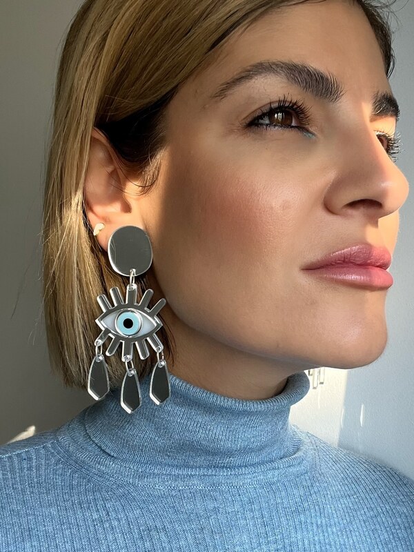 Christina Christi Ασημί Μακριά Σκουλαρίκια Μάτια με Κλιπ