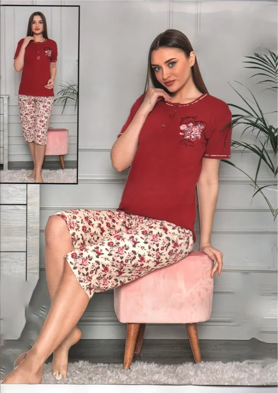 FashionWoman ΓΥΝΑΙΚΕΙΑ ΠΙΤΖΑΜΑ ΣΕ KOKKINO ΧΡΩΜΑ ΜΕ ΚΑΠΡΙ FLORAL ΠΑΝΤΕΛΟΝΙ