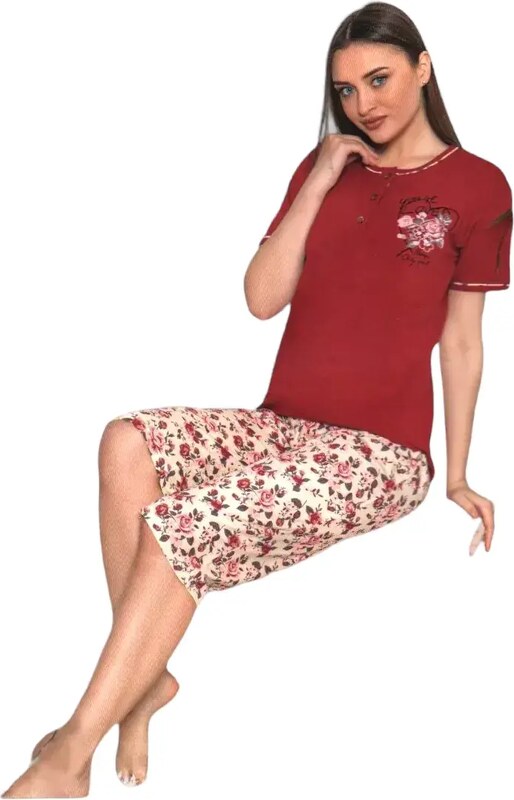 FashionWoman ΓΥΝΑΙΚΕΙΑ ΠΙΤΖΑΜΑ ΣΕ KOKKINO ΧΡΩΜΑ ΜΕ ΚΑΠΡΙ FLORAL ΠΑΝΤΕΛΟΝΙ