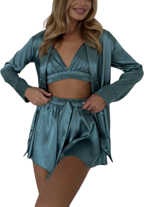 La Lolita Amsterdam ASHLYN Σετ babydoll 3 τμχ σατέν υφής με αέρινο φουστο-σορτς με φιόγκο, μπραλέτ με τριγωνάκι & μακρυμάνικη πουκαμίσα