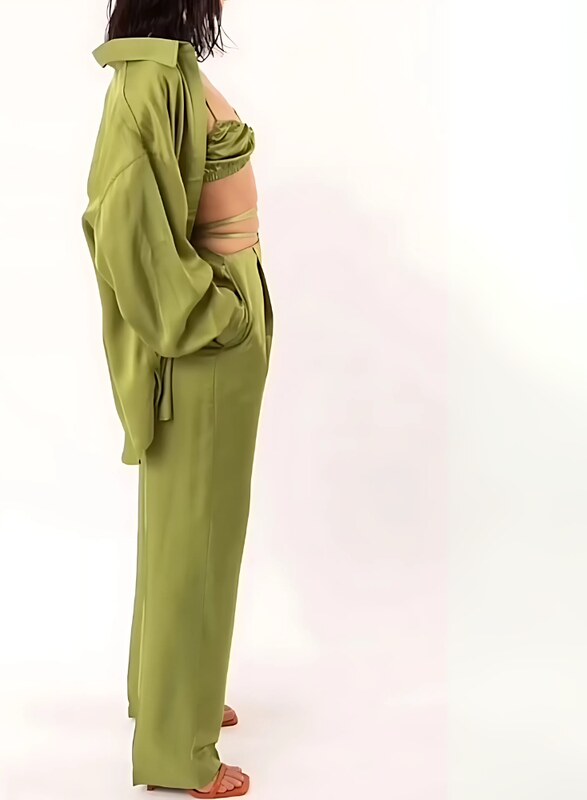 La Lolita Amsterdam CORALINE Σατέν υφής loungewear σετ 3 τμχ με παντελόνα με δέσιμο στη μέση, μπραλέτ και πουκαμίσα