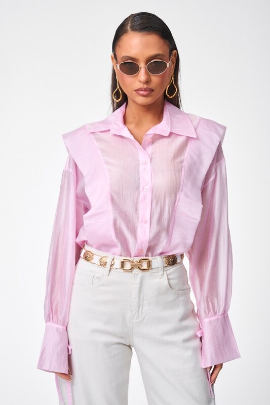 DeCoro Πουκάμισο See Through με Βολάν - ΡΟΖ