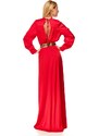 RO FASHION Μάξι σατέν φόρεμα με έντονο σκίσιμο και ζώνη - Κόκκινο 9198