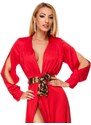 RO FASHION Μάξι σατέν φόρεμα με έντονο σκίσιμο και ζώνη - Κόκκινο 9198