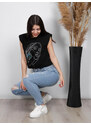 FREE WEAR Μπλούζα με Βάτες και Τύπωμα Γυναίκας - Μαύρο - 001007