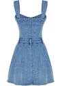 Trendyol X Sagaza Studio Blue Stone Print Λεπτομερές Πλισέ Τζιν Φόρεμα