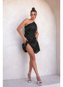 Joy Fashion House Hazelnut μίνι φόρεμα με έναν ώμο με όψη σατέν μαύρο