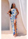 Joy Fashion House Myrtos μακρύ φόρεμα φλοράλ εξώπλατο με όψη σατέν σιελ