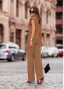 parizianista σετ πλεκτό παντελόνι & μπλούζα αμάνικη ζιβάγκο με βάτες - Μπεζ - 059009