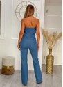 parizianista ολόσωμη φόρμα jean στράπλες ελαστική με φαρδιά γραμμή & τσέπες - Μπλε - 025002