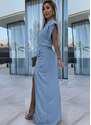 parizianista φόρεμα maxi lurex ντραπέ ελαστικό αμάνικο με βάτες & άνοιγμα μπροστά - Σιέλ - 079009