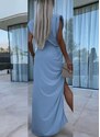 parizianista φόρεμα maxi lurex ντραπέ ελαστικό αμάνικο με βάτες & άνοιγμα μπροστά - Σιέλ - 079009