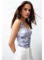 Trendyol Blue Printed V Neck Flexible Snaps Knitted Bodysuit